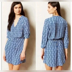 Anthropologie Maeve Blue Geometric Dress Print Galen Size Medium